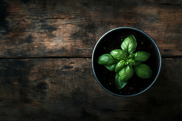 Fresh Green Basil Plant in a Pot on a Dark Rustic Wooden Table, Overhead View of Young Basil Herb Growing in Soil with Copy Space