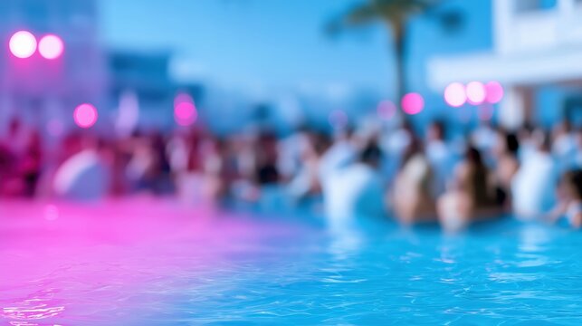 Blurred pool party with neon lights and crowd - Powered by Adobe