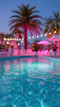 Blurred tropical evening poolside with vibrant pink lighting and palm trees