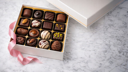 [AI] Luxury Assorted Chocolates in White Gift Box on Marble
