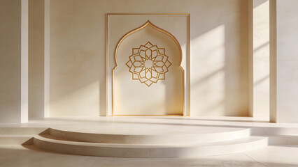 Bright Islamic Interior with Arch and Empty Podium Copy Space
