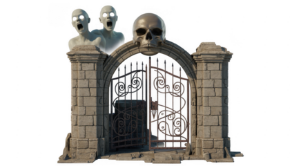 Stone gate with skulls and screaming heads horror Halloween isolated on a transparent background
