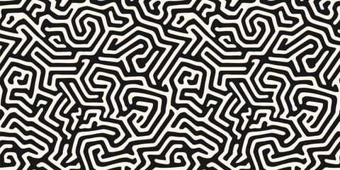 Vector seamless pattern with abstract maze, labyrinth, organic shapes, irregular fluid lines. Black and white funky background with biological structures, brain texture, coral. Trendy all-over design