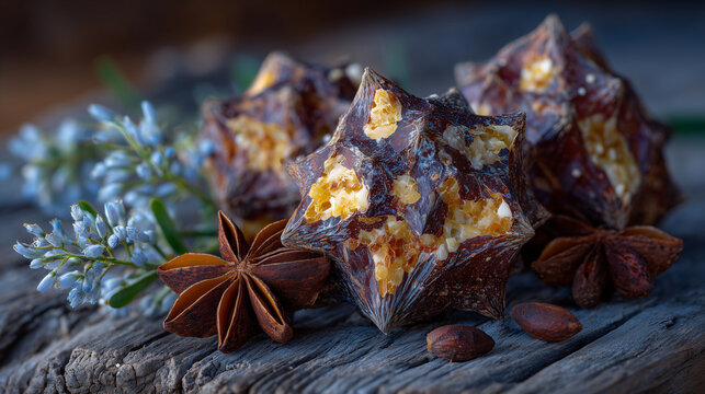 Macro view of whole mace (javitri) pieces arranged artistically on a weathered wooden table, rough fibrous textures detailed, soft sunlight casting warm highlights, rustic food pho