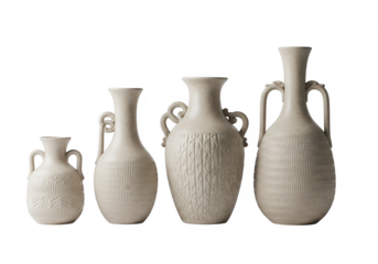Four elegant cream colored ceramic vases with handles and intricate designs