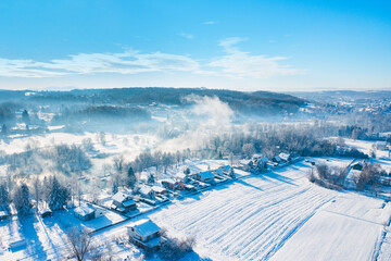 Winter in Croatia. Mreznica River, waterfalls, idyllic rural winter landscape