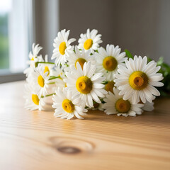 Obraz premium Serene Bouquet of White Daisies on Light Wooden Table Near Window with Soft Natural Lighting