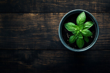 Fresh Green Basil Plant in a Pot on a Dark Rustic Wooden Table, Overhead View of Young Basil Herb Growing in Soil with Copy Space