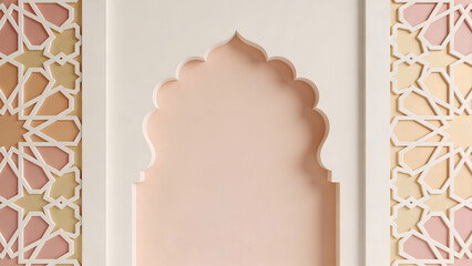 Islamic Arch Wall Design with Soft Pastel Tones and Copy Space