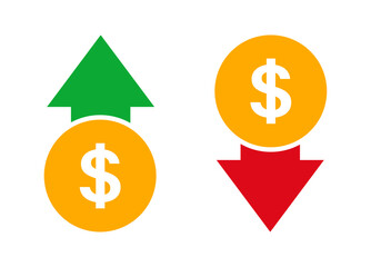 Obraz premium Dollar Sign Arrows Representing Financial Growth with Green Upward Arrow for Profit and Red Downward Arrow for Loss, Indicating Economic Trends