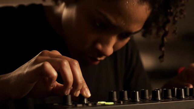 Focused African American woman manipulating sound mixer, music production, technology. Electronic music artist dials knobs on mixer. Modern music scene, concentration, technology.