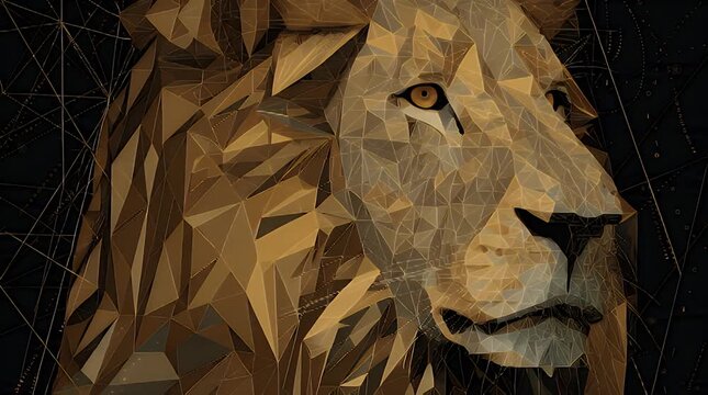 A geometrically stylized illustration of a lion's face composed of brown and tan polygons on a black background