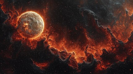 Fiery star amidst swirling nebula clouds, dotted with countless stars in deep space