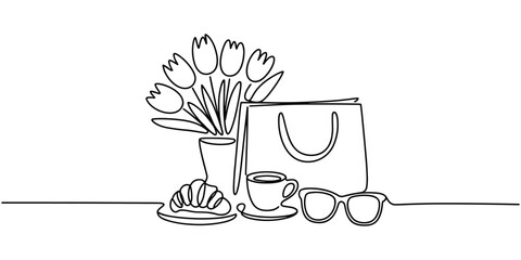A continuous line drawing depicts a delightful morning scene with tulips coffee a croissant sunglasses and a shopping bag Illustration