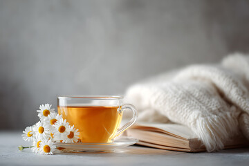 cozy reading nook, tranquil scene with chamomile tea, open book, and soft blanket, bathed in natural light, with ample space for text