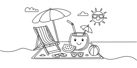 A cheerful cartoon sun wearing sunglasses shines on a beach scene with a deck chair and umbrella Illustration
