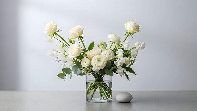 Serene White Rose Bouquet in Clear Glass Vase with Soft Lighting on Minimalist Background ...