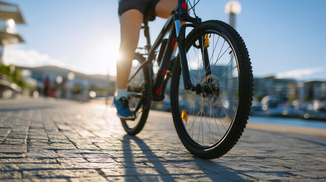 Woman cycling in a city during late afternoon, close-up on legs pedaling and wheels turning, sunlight casting long shadows, textured pavement and urban background slightly blurred, - Powered by Adobe