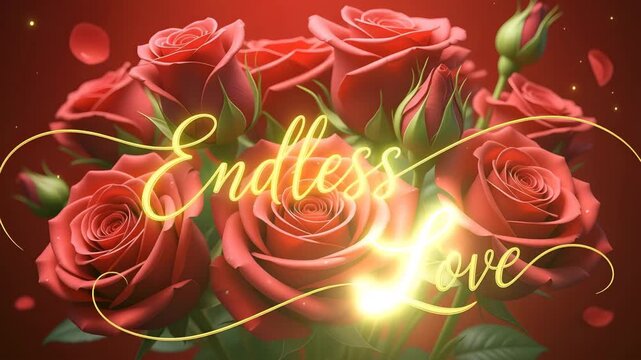 Red roses glowing with radiant light and wordless love message for romantic valentines day Ai HD video.

