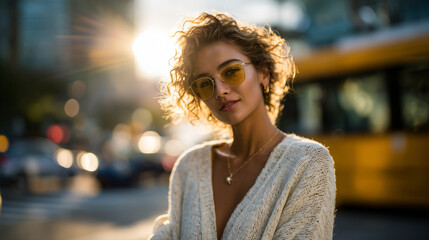 Woman posing at a street corner, portrait composition, sunlight glinting on nearby windows, city buildings and reflections blurred in the background, stylish and confident posture