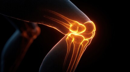 Glowing orange knee joint x-ray over black; leg visible behind