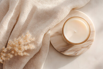minimalist homeware display, elegant flat lay with marble coaster, linen napkin, and scented candle on neutral background, soft light, ample space