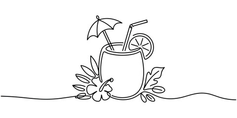 A refreshing tropical cocktail with a slice of citrus and decorative umbrella is presented in a continuous line drawing style Illustration