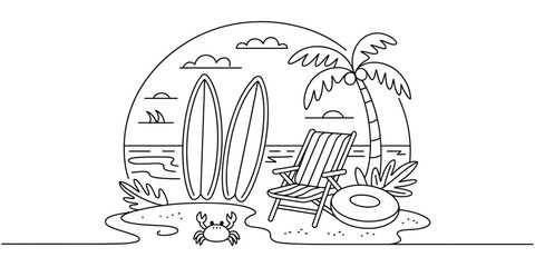 A simple line drawing depicts a serene beach scene with surfboards a lounge chair and a crab on transparent background Illustration