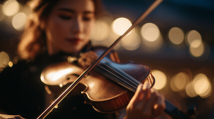 Fototapeta premium Indoor studio shot of a woman playing violin, detailed view of strings, bow, and hand positions, warm light bouncing off wooden surfaces, serene artistic environment, cinematic qua
