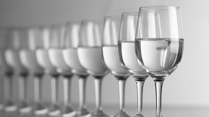 Row of wine glasses filled with clean water, illustrating purity, hydration, and refreshment. Focus on health, wellness, and simple elegance.