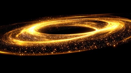 Golden light swirls in an elliptical vortex against a stark black backdrop