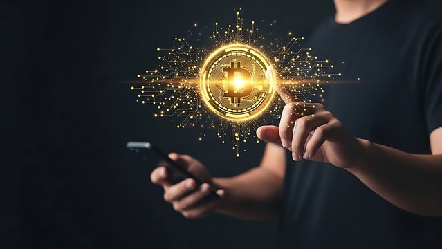 A person interacting with a futuristic glowing interface on a dark background with a smartphone - Powered by Adobe