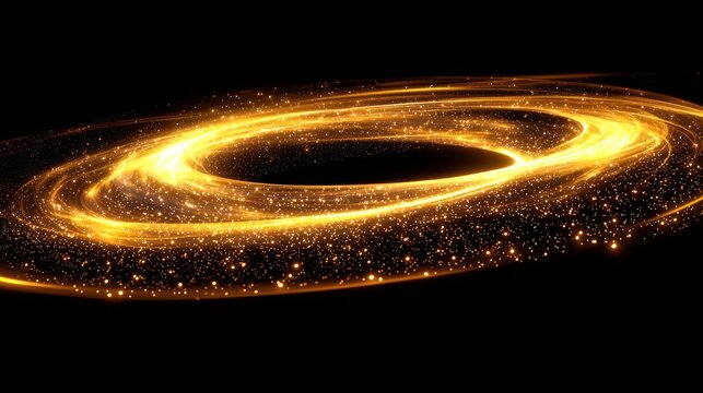 Golden light swirls in an elliptical vortex against a stark black backdrop
