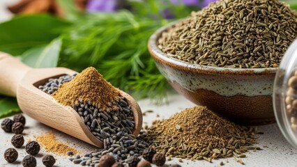 Close-up view of fresh and ground spices for cooking, including cumin and a mixture in a wooden scoop