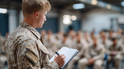 Close-up of a recruit in brown camouflage uniform concentrating on military lecture, hand resting on notebook, fellow students and classroom blurred, realistic professional army re