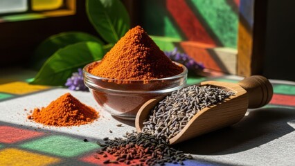 A striking composition of vibrant orange powder and dried lavender buds