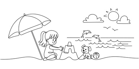 Cute cartoon girl with dog playing on the beach building sandcastles under an umbrella with dolphins swimming in the ocean Illustration