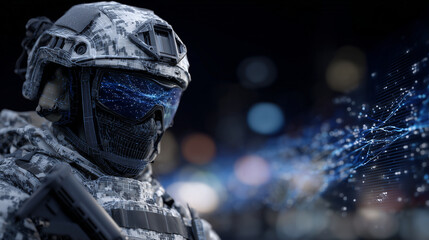 Futuristic combat soldier in tactical gear, digital network background with streaming data and light grids, helmet visor reflecting network diagrams, concept of cyber defense and m