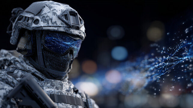 Futuristic combat soldier in tactical gear, digital network background with streaming data and light grids, helmet visor reflecting network diagrams, concept of cyber defense and m - Powered by Adobe