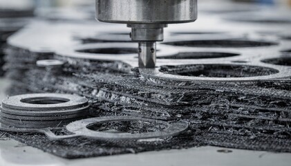 Closeup view of textile gaskets being diecut from dense fabric rolls designed for reliable sealing in automotive engine components under high pressure and temperature.