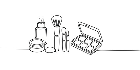 Minimalist continuous line drawing of various makeup products and brushes isolated on a white background Illustration