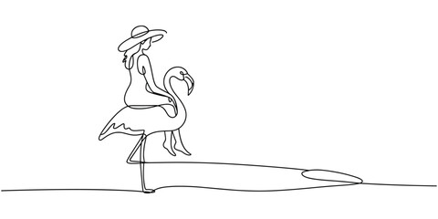 Minimalist line art of a woman wearing a widebrimmed hat riding on a flamingos back Illustration