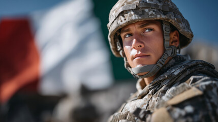 Fototapeta premium Soldier in Italian camouflage standing resolutely, Italian flag billowing behind, side-view portrait, cinematic depth with soft shadows on face, conveying honor, duty, and national
