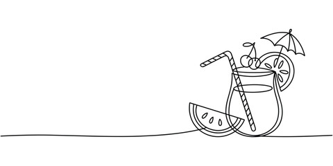 Minimalist line drawing of a refreshing tropical cocktail with fruit garnishes and a straw isolated on transparent background Illustration