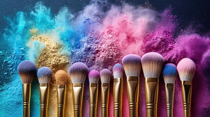 Makeup brushes with colorful powder explosion background, dark base