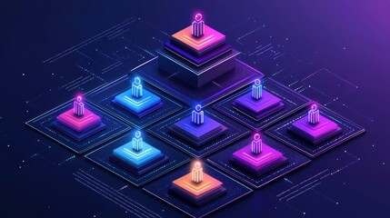 Neon pyramid structure with figures on platforms against a dark background