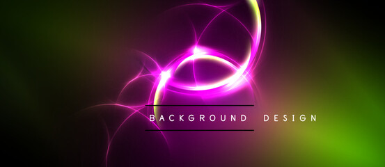 Abstract vibrant design features glowing purple swirls against dark green, black gradients. Text reads background design. Modern, energetic visual.