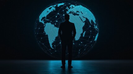 A silhouette of a person stands before a glowing digital globe, symbolizing global connectivity and technology.