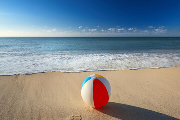 Obraz premium Relaxing coastal scene of a bright beach ball on smooth sand, shallow waves, and a cloudless sky, perfect for summer vacation and lifestyle imagery.