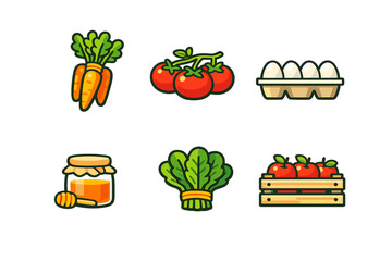 Farm fresh food icons: carrots, tomatoes, eggs, honey, lettuce, apples